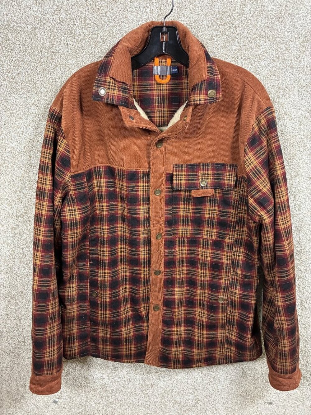 Men's M Plaid Sherpa Lined Shirt Jacket Brown Corduroy Flannel Snap Shacket